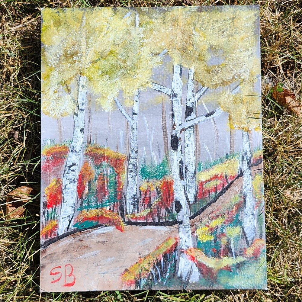 PATH THROUGH THE AUTUMN BIRCH FOREST Birch Trees Painting Signed